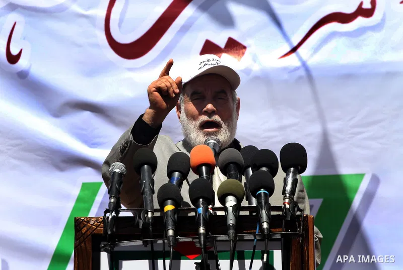 The spokesman of the parliament Ahmed Bahr delivers speech during a rally in Gaza City on April 17, 2012 in solidarity with Palestinian prisoners held in Israel. Some 1,200 Palestinian prisoners held in Israeli jails hav...