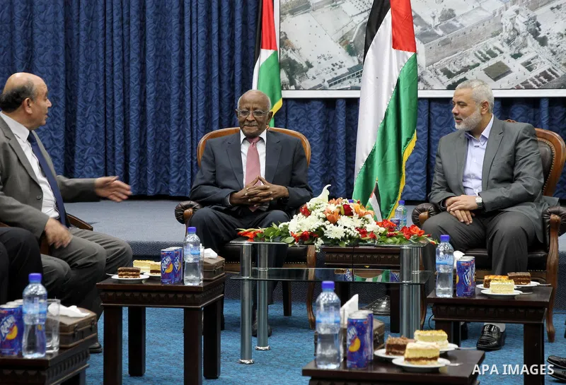 Palestinian Prime Minister in Gaza Strip, Ismail Haniya receives delegation of the International lawyers in his office in Gaza city on April 21, 2012. Photo by Ashraf Amra