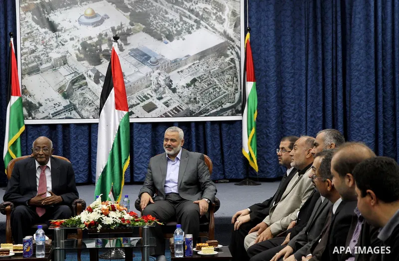 Palestinian Prime Minister in Gaza Strip, Ismail Haniya receives delegation of the International lawyers in his office in Gaza city on April 21, 2012. Photo by Ashraf Amra