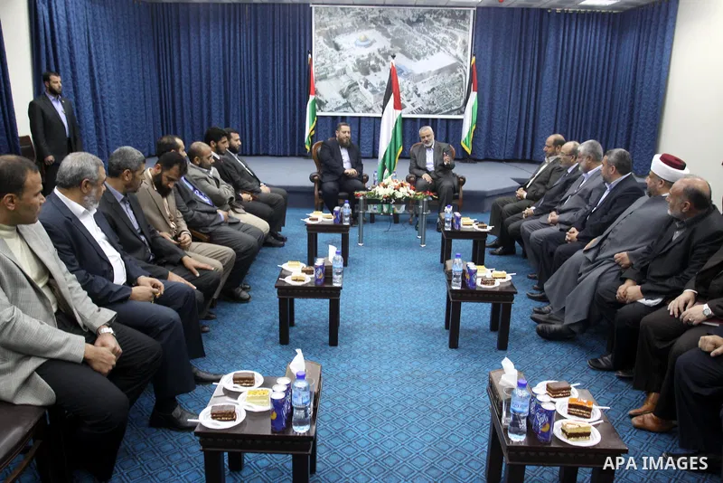 Palestinian Prime Minister in Gaza Strip, Ismail Haniya receives delegation of the Egyptian party Al Noor in his office in Gaza city on April 22, 2012. Photo by Mohammed Asad