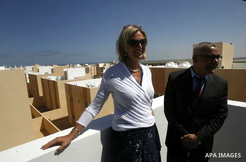 Birgitta Tazelaar, head of the Netherlands Representation to the Palestinian Authority, during a ceremony in Khan Younis, in the southern Gaza Strip, on April 24, 2012. Palestinians whose houses were destroyed during Isr...