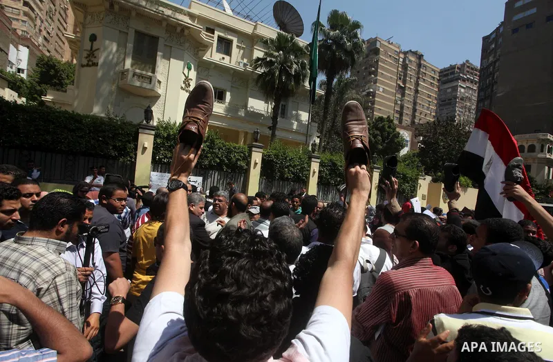 Egyptian protesters take part in a demonstration in front of the Saudi Arabian embassy in Cairo on April 24, 2012, calling for the release of Egyptians who have been detained in the kingdom, including Ahmed Al-Gizawi who...