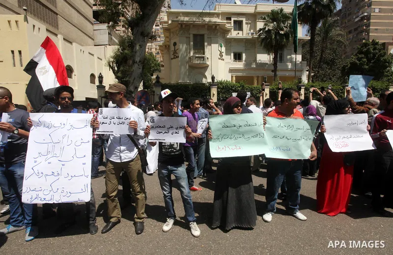 Egyptian protesters take part in a demonstration in front of the Saudi Arabian embassy in Cairo on April 24, 2012, calling for the release of Egyptians who have been detained in the kingdom, including Ahmed Al-Gizawi who...