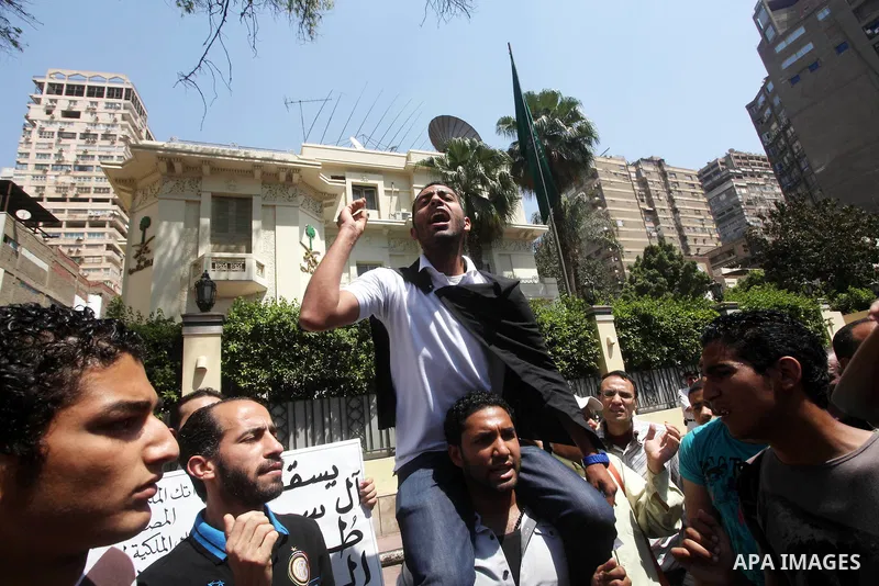 Egyptian protesters take part in a demonstration in front of the Saudi Arabian embassy in Cairo on April 24, 2012, calling for the release of Egyptians who have been detained in the kingdom, including Ahmed Al-Gizawi who...