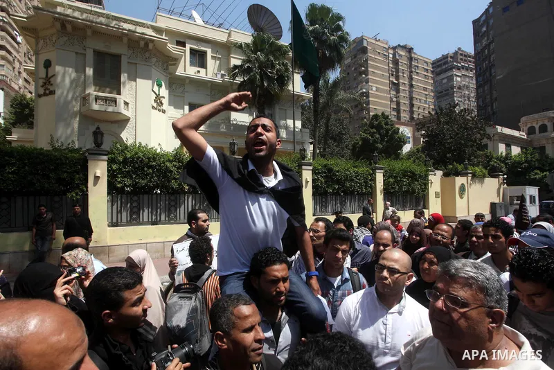Egyptian protesters take part in a demonstration in front of the Saudi Arabian embassy in Cairo on April 24, 2012, calling for the release of Egyptians who have been detained in the kingdom, including Ahmed Al-Gizawi who...