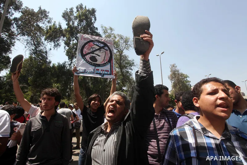 Egyptian protesters take part in a demonstration in front of the Saudi Arabian embassy in Cairo on April 24, 2012, calling for the release of Egyptians who have been detained in the kingdom, including Ahmed Al-Gizawi who...