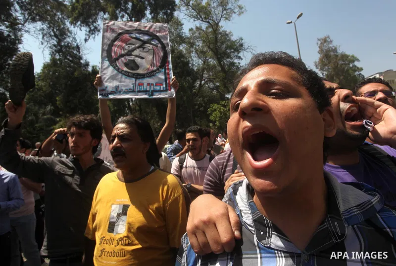Egyptian protesters take part in a demonstration in front of the Saudi Arabian embassy in Cairo on April 24, 2012, calling for the release of Egyptians who have been detained in the kingdom, including Ahmed Al-Gizawi who...