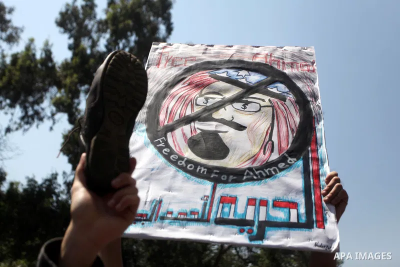 Egyptian protesters take part in a demonstration in front of the Saudi Arabian embassy in Cairo on April 24, 2012, calling for the release of Egyptians who have been detained in the kingdom, including Ahmed Al-Gizawi who...