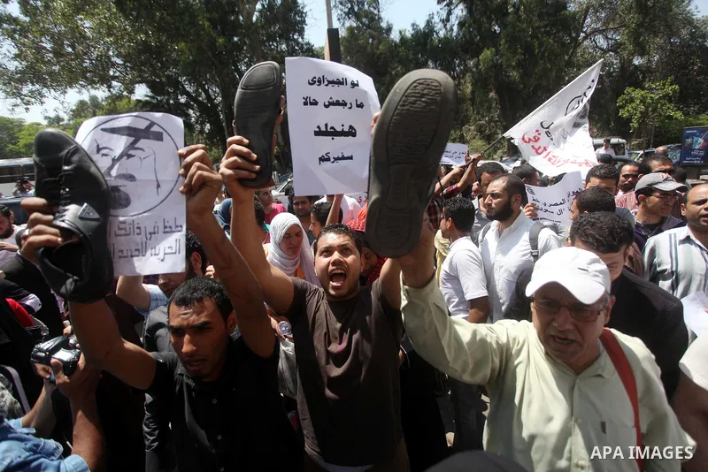 Egyptian protesters take part in a demonstration in front of the Saudi Arabian embassy in Cairo on April 24, 2012, calling for the release of Egyptians who have been detained in the kingdom, including Ahmed Al-Gizawi who...