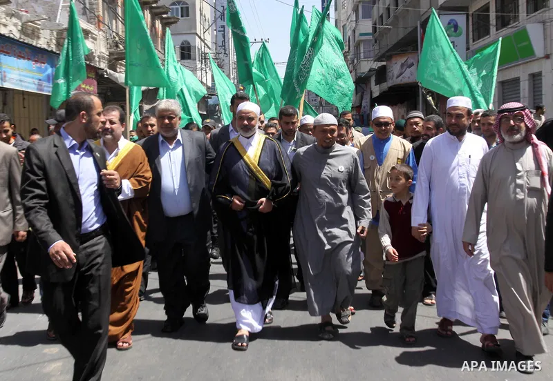 Palestinian Prime Minister Ismail Haniyeh during a protest to call for the release of Palestinian prisoners held in Israeli jails in Gaza City on April 27, 2012. Some 1,600 Palestinian prisoners held in Israel are conduc...