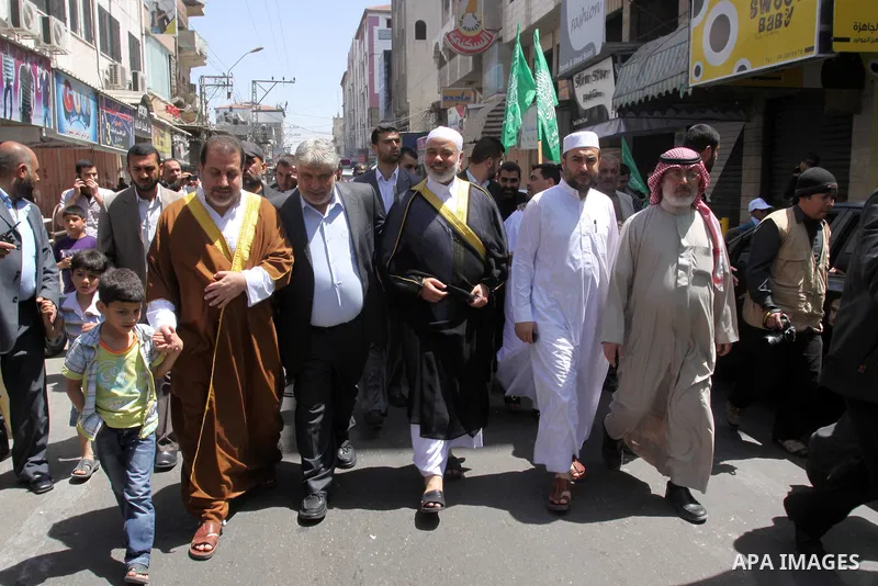 Palestinian Prime Minister Ismail Haniyeh during a protest to call for the release of Palestinian prisoners held in Israeli jails in Gaza City on April 27, 2012. Some 1,600 Palestinian prisoners held in Israel are conduc...