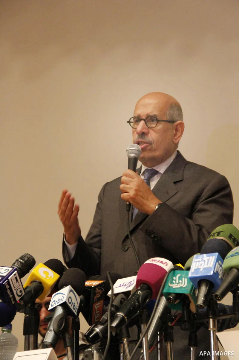 Egyptian Nobel Peace Prize winner and former head of the International Atomic Energy Agency, Mohamed ElBaradei addresses a press conference with novelist Alaa al-Aswany and other personalities, at the Egyptian Press Synd...