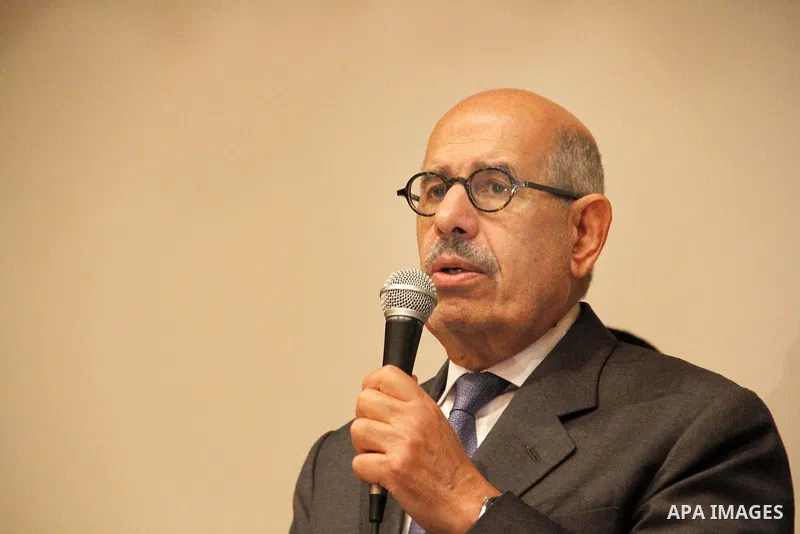 Egyptian Nobel Peace Prize winner and former head of the International Atomic Energy Agency, Mohamed ElBaradei addresses a press conference with novelist Alaa al-Aswany and other personalities, at the Egyptian Press Synd...