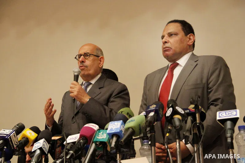 Egyptian Nobel Peace Prize winner and former head of the International Atomic Energy Agency, Mohamed ElBaradei addresses a press conference with novelist Alaa al-Aswany and other personalities, at the Egyptian Press Synd...