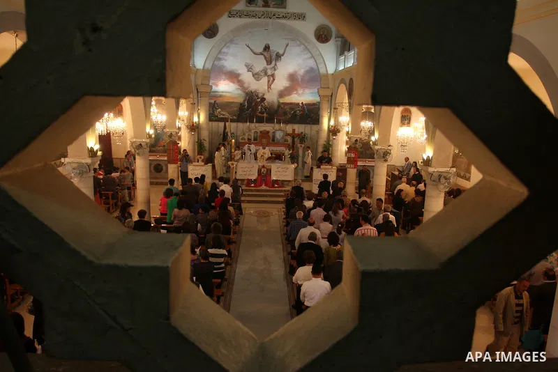 Palestinian Christians attend a special service in support of jailed Palestinians on hunger strike in Israeli prisons at a church in the West Bank city of Ramallah on April 29, 2012. Over the past week, Over 1,350 Palest...