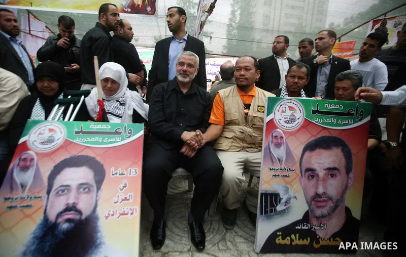 Palestinian Prime minister in Gaza Ismail Haniyeh with Malaysian delegation, visit a Sit-in tent to show solidarity with Palestinians prisoners held in Israeli jails in Gaza City on April 30, 2012. At least 1,350 Palesti...