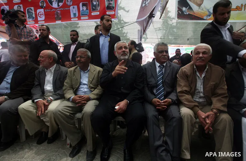 Palestinian Prime minister in Gaza Ismail Haniyeh during Sit-in tent to show solidarity with Palestinians prisoners held in Israeli jails in Gaza City on April 30, 2012. At least 1,350 Palestinian prisoners being held in...