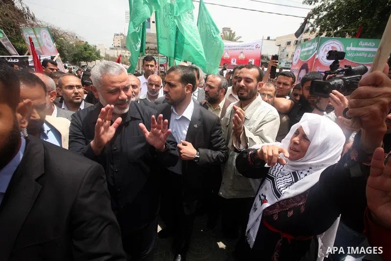 Palestinian Prime minister in Gaza Ismail Haniyeh during Sit-in tent to show solidarity with Palestinians prisoners held in Israeli jails in Gaza City on April 30, 2012. At least 1,350 Palestinian prisoners being held in...