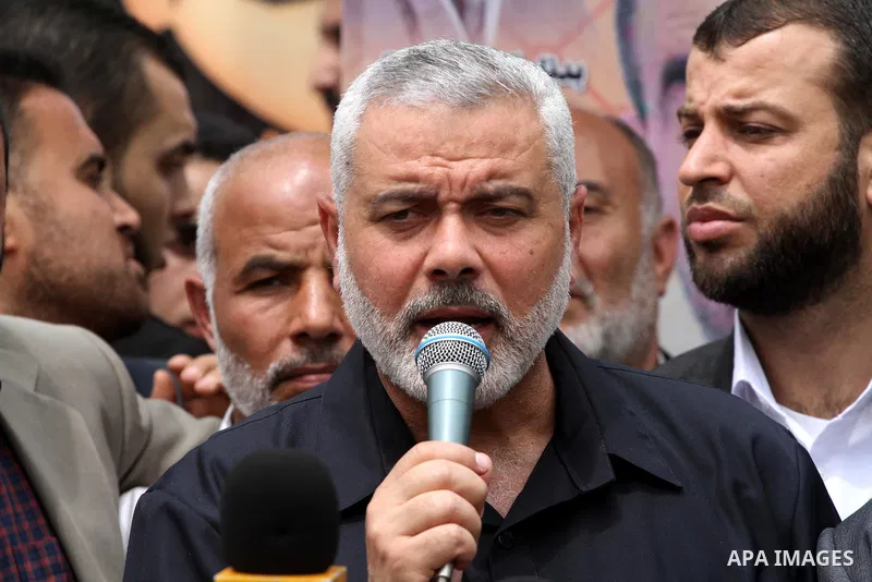 Palestinian Prime minister in Gaza Ismail Haniyeh speaks during Sit-in tent to show solidarity with Palestinians prisoners held in Israeli jails in Gaza City on April 30, 2012. At least 1,350 Palestinian prisoners being...