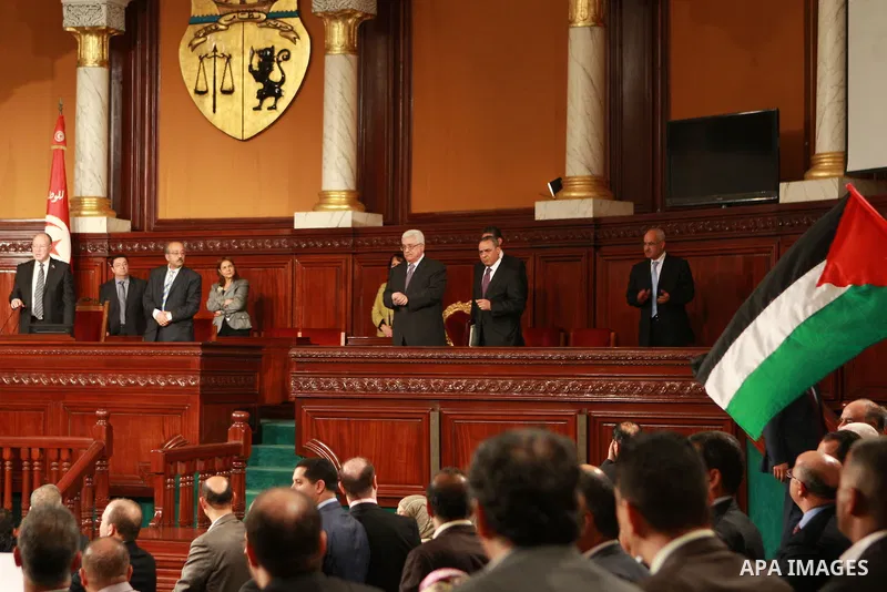 Palestinian president Mahmoud Abbas delivers a speech at the Tunisian Constituent Assembly headquarters in Bardo, western Tunis, on April 30, 2012. Palestinian President Mahmud Abbas arrived in Tunisia on April 28 for a...