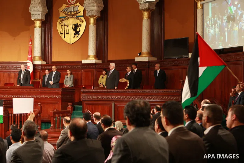 Palestinian president Mahmoud Abbas delivers a speech at the Tunisian Constituent Assembly headquarters in Bardo, western Tunis, on April 30, 2012. Palestinian President Mahmud Abbas arrived in Tunisia on April 28 for a...