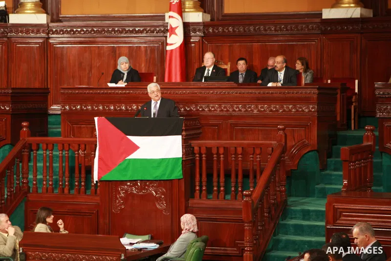 Palestinian president Mahmoud Abbas delivers a speech at the Tunisian Constituent Assembly headquarters in Bardo, western Tunis, on April 30, 2012. Palestinian President Mahmud Abbas arrived in Tunisia on April 28 for a...