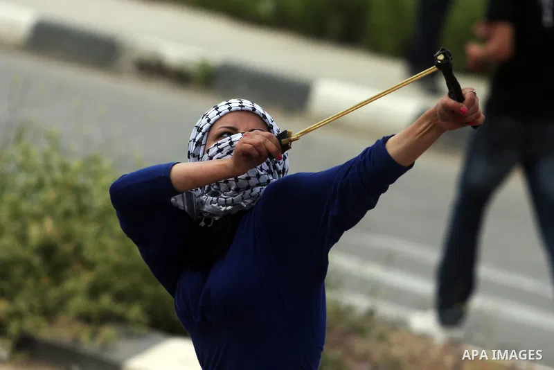 A Palestinian girl throw stones at Israeli soldiers during clashes next to the Israeli military prison of Ofer, near Beitunia, West Bank, 02 May 2012. The protesters were protesting in solidarity with the Palestinian pri...