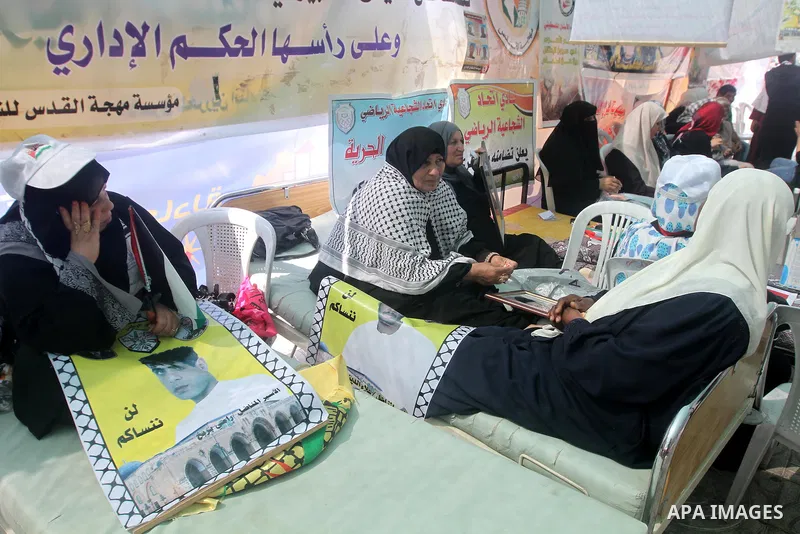 Palestinians participat at hunger striking during a sit-in tent held by Palestinian released prisoners, solidarity with Palestinian prisoners held in Israeli jails, in Gaza City on May 3, 2012. Over the past week, Over t...