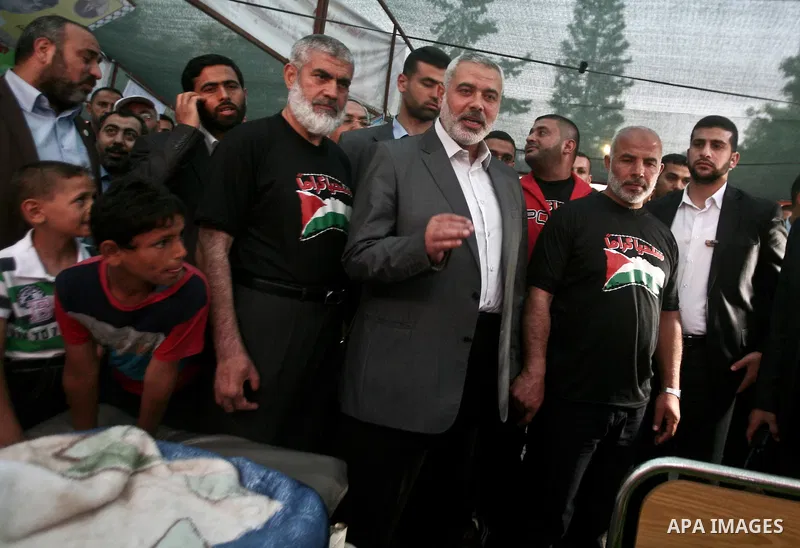 Palestinian Prime Minister in Gaza Ismail Hanyeh, visits Palestinians participat at hunger striking during a sit-in tent held by Palestinian released prisoners, solidarity with Palestinian prisoners held in Israeli jails...