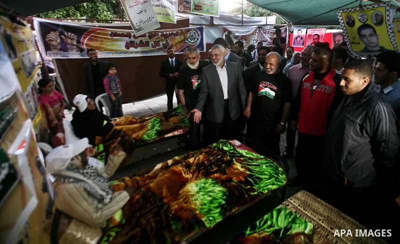 Palestinian Prime Minister in Gaza Ismail Hanyeh, visits Palestinians participat at hunger striking during a sit-in tent held by Palestinian released prisoners, solidarity with Palestinian prisoners held in Israeli jails...