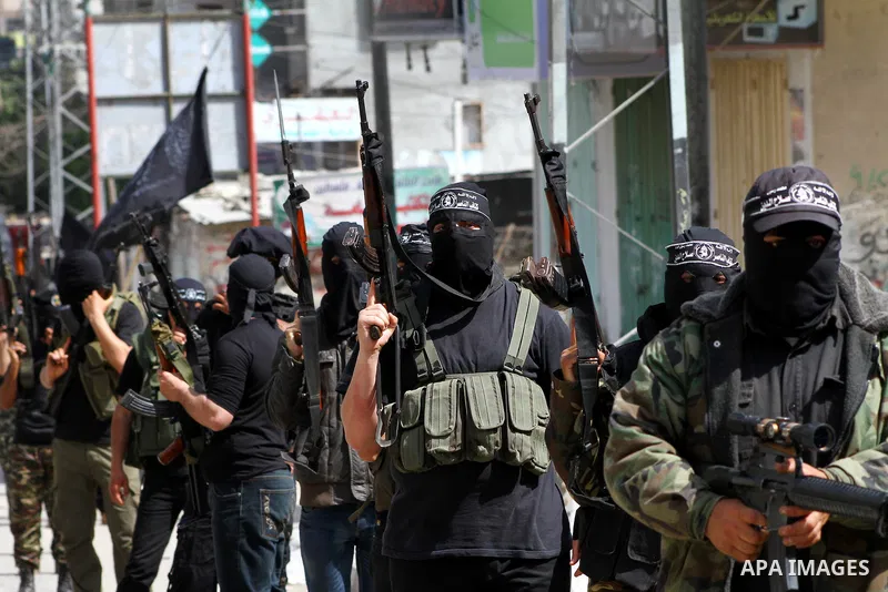 Members of al-Nasser Salah el dein brigades, during a sit-in solidarity protest with hunger striking Palestinian inmates of Israeli prisons, in Gaza City, Gaza Strip, on 04 May 2012. Protests continued in solidarity with...