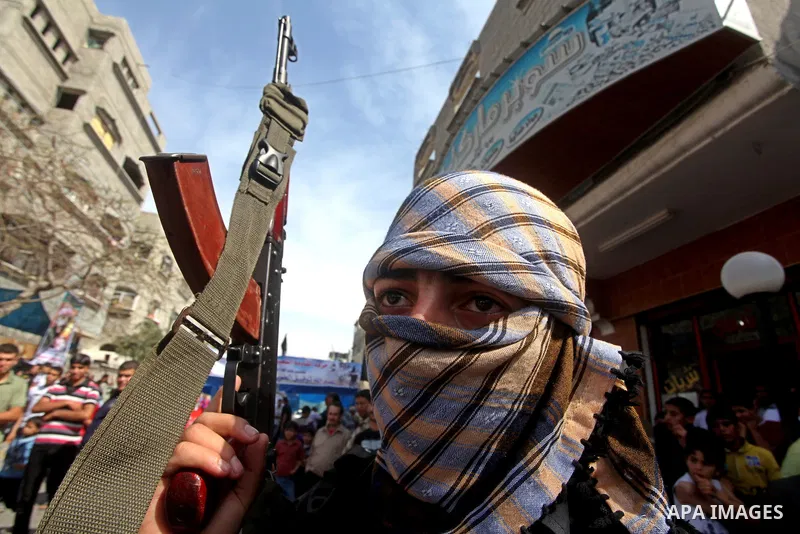 Members of al-Nasser Salah el dein brigades, during a sit-in solidarity protest with hunger striking Palestinian inmates of Israeli prisons, in Gaza City, Gaza Strip, on 04 May 2012. Protests continued in solidarity with...