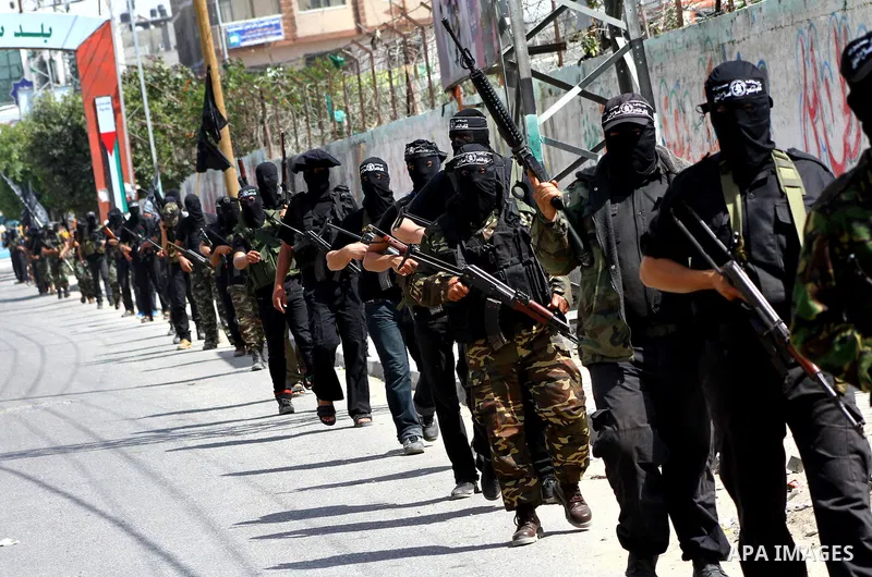 Members of al-Nasser Salah el dein brigades, during a sit-in solidarity protest with hunger striking Palestinian inmates of Israeli prisons, in Gaza City, Gaza Strip, on 04 May 2012. Protests continued in solidarity with...