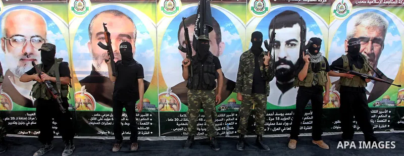 Members of al-Nasser Salah el dein brigades, during a sit-in solidarity protest with hunger striking Palestinian inmates of Israeli prisons, in Gaza City, Gaza Strip, on 04 May 2012. Protests continued in solidarity with...
