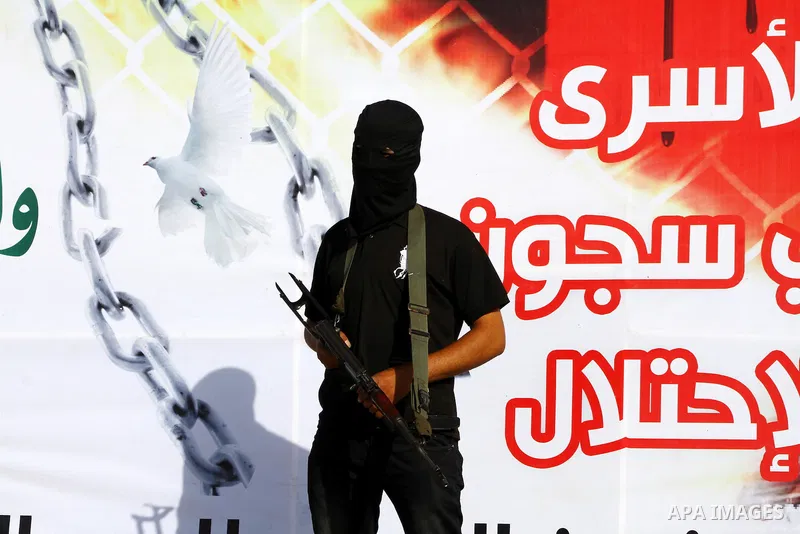 Members of al-Nasser Salah el dein brigades, during a sit-in solidarity protest with hunger striking Palestinian inmates of Israeli prisons, in Gaza City, Gaza Strip, on 04 May 2012. Protests continued in solidarity with...