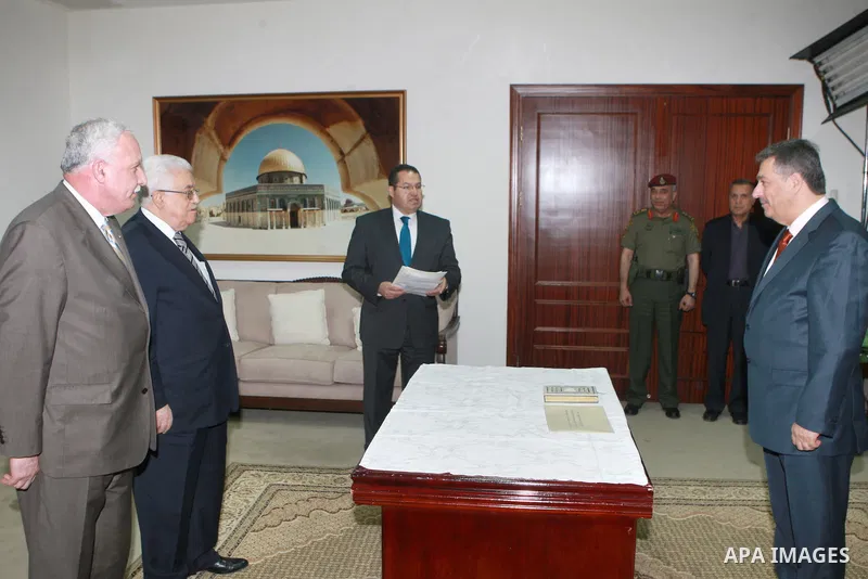 Palestinian president Mahmoud Abbas, meets with ambassador of the State of Palestine in Lebanon, Ashraf Dbor, during swear the constitutional oath, in the West bank, city of Ramallah, on May. 05, 2012. Photo by Thaer Gan...