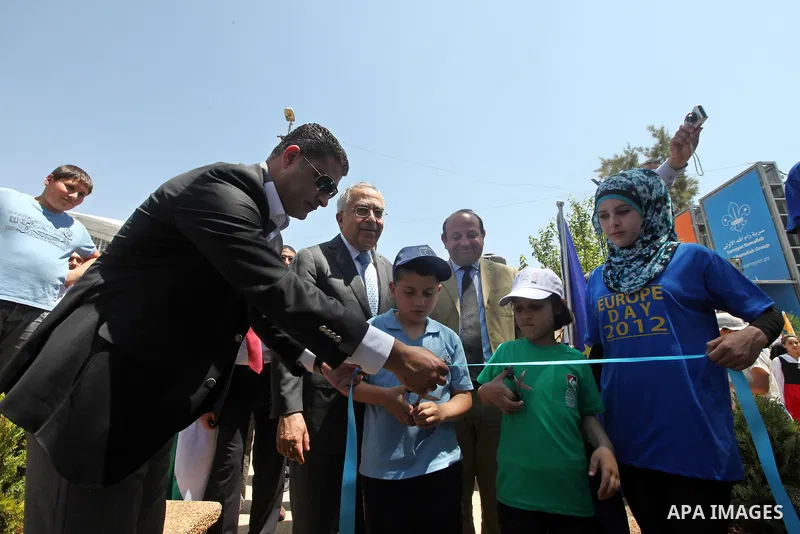 Palestinian Prime Minister Salam Fayyad, participates in a ceremony of the celebration "Europe Day", in the West Bank city of Ramallah, on May 09, 2012. Photo by Mustafa Abu Dayeh