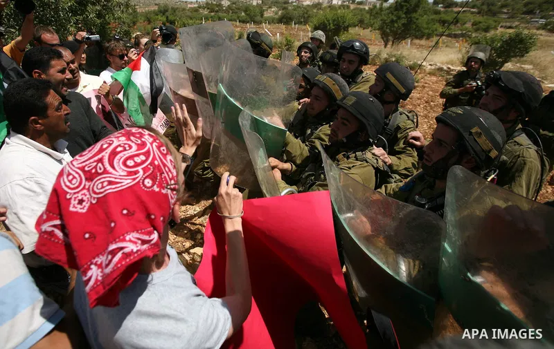Palestinian protesters and foreign activists scuffle with Israeli soldiers during a demonstration ahead of "Nakba Day" in Beit Omar village, north of the West Bank town of Hebron, on May 12, 2012 where Israeli soldiers t...