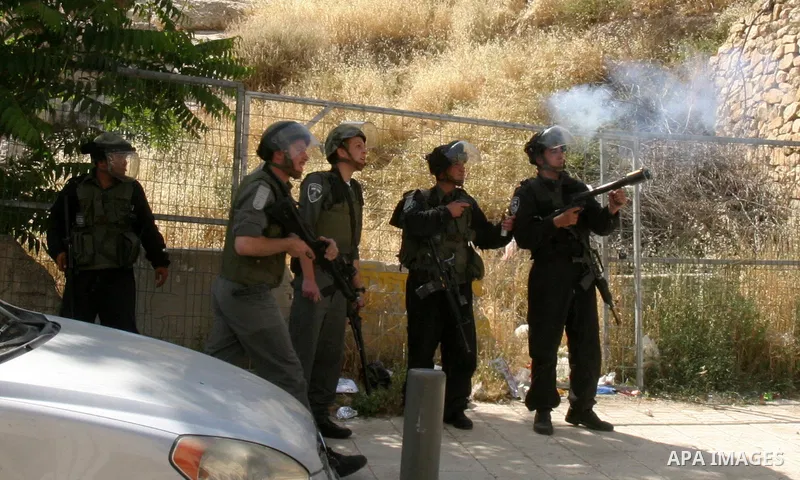 Israeli riot police fire teargas, before arresting a Palestinian during clashes between Palestinian youth and the Israeli police in the east Jerusalem neighbourhood of Silwan on May 12, 2012. Israel is to reply on May 12...