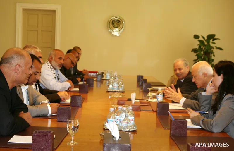 Palestinians delegation of released prisoners meets with the Secretary General of the League of Arab States Nabil Arabi in Egypt on May 12, 2012. Photo by Emad Ashtawy