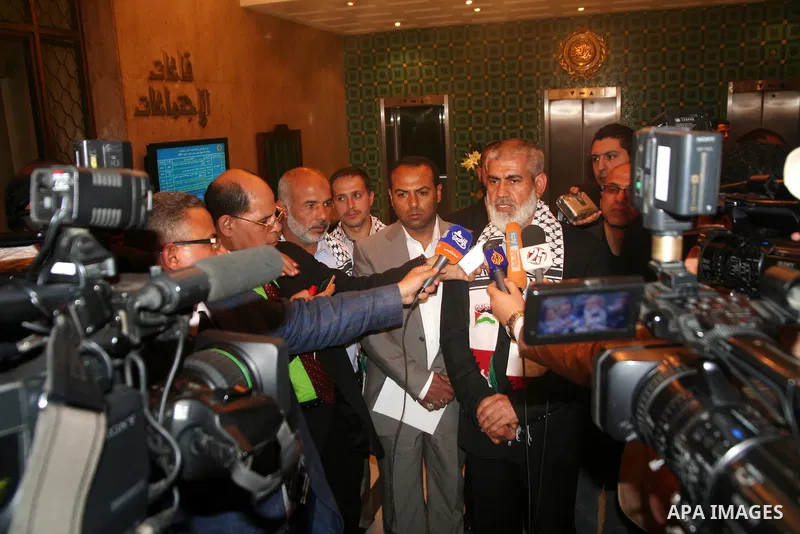 Palestinians delegation of released prisoners in press conference after meeting with the Secretary General of the League of Arab States Nabil Arabi in Egypt on May 12, 2012. Photo by Emad Ashtawy