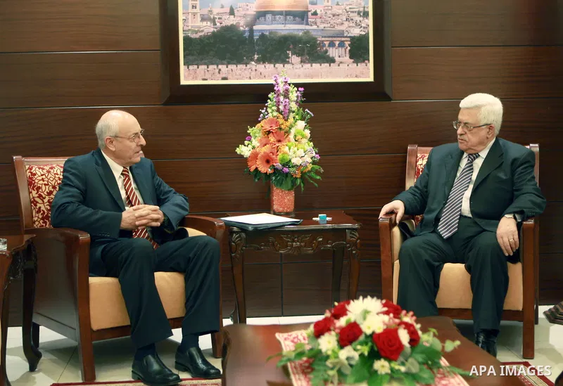 Palestinian President Mahmoud Abbas (Abu Mazen), meets with Israeli Prime Minister Counsellor in the West Bank, city of Ramallah on May 12, 2012. Photo by Thaer Ganaim
