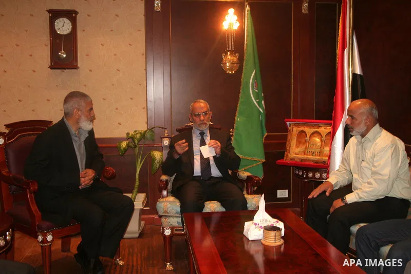 Palestinians delegation of released prisoners meets with General Guide of the Muslim Brotherhood, Dr. Mohamed Badie in Cairo on May 14, 2012. Photo by Emad Ashtawy.