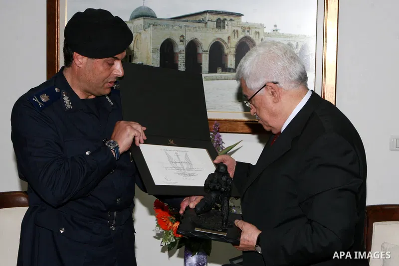 Palestinian President, Mahmoud Abbas (Abu Mazen) meets with a delegation from the Palestinian police in the West Bank City of Ramallah, on May 15, 2012. Photo by Thaer Ganaim