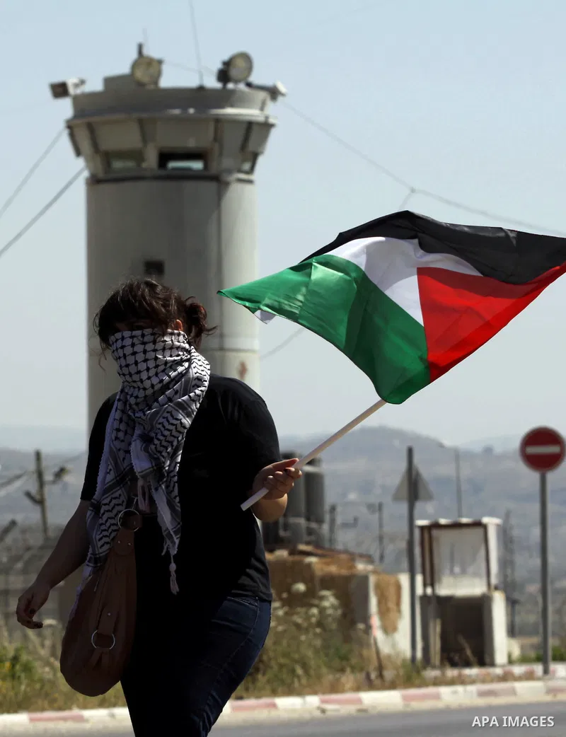 A masked Palestinian demonstrator waves a national flag during protests at the Hawara crossing in the occupied West Bank on May 15, 2012, marking Nakba day, which commemorates the exodus of hundreds of thousands of their...