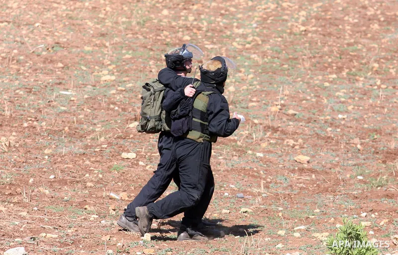 An Israeli soldier Injured, during clashes with Palestinian demonstrator on Nakba Day near Ofer prison, near Ramallah, the West Bank, 15 May 2012. Thousands marched in the West Bank and Gaza Strip, commemorating the disp...
