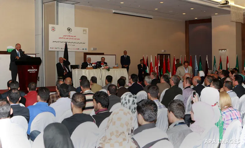 Palestinian President, Mahmoud Abbas (Abu Mazen) attends the opening of the Arab Media Forum Sports, in the West Bank city of Ramallah, on May 16, 2012. Photo by Thaer Ganaim