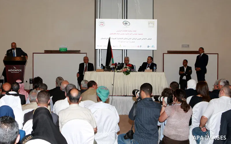 Palestinian President, Mahmoud Abbas (Abu Mazen) attends the opening of the Arab Media Forum Sports, in the West Bank city of Ramallah, on May 16, 2012. Photo by Thaer Ganaim