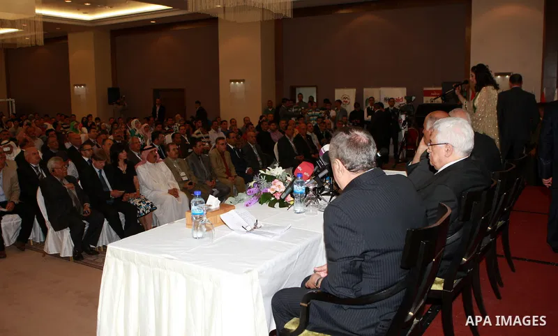 Palestinian President, Mahmoud Abbas (Abu Mazen) attends the opening of the Arab Media Forum Sports, in the West Bank city of Ramallah, on May 16, 2012. Photo by Thaer Ganaim