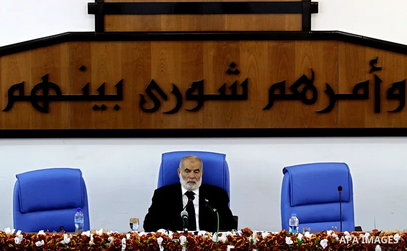 .The spokesman of the Palestinian Parliament in Gaza Strip, Ahmed Bahar delivers speech during a press conference. commemorating the dispersal of hundreds of thousands of Palestinians from their homes in the wake of the...